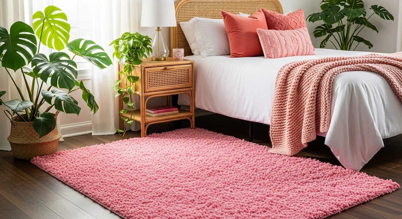 A Plush Pink Shag 4*6 Ft Rug Covering a Dark Wood Floor, a White Queen Bed With Coral and Pink Pillows
