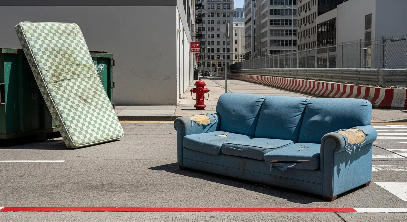 A Worn, Faded Blue Three-seater Fabric Sofa is Positioned on the Grey Asphalt Street 