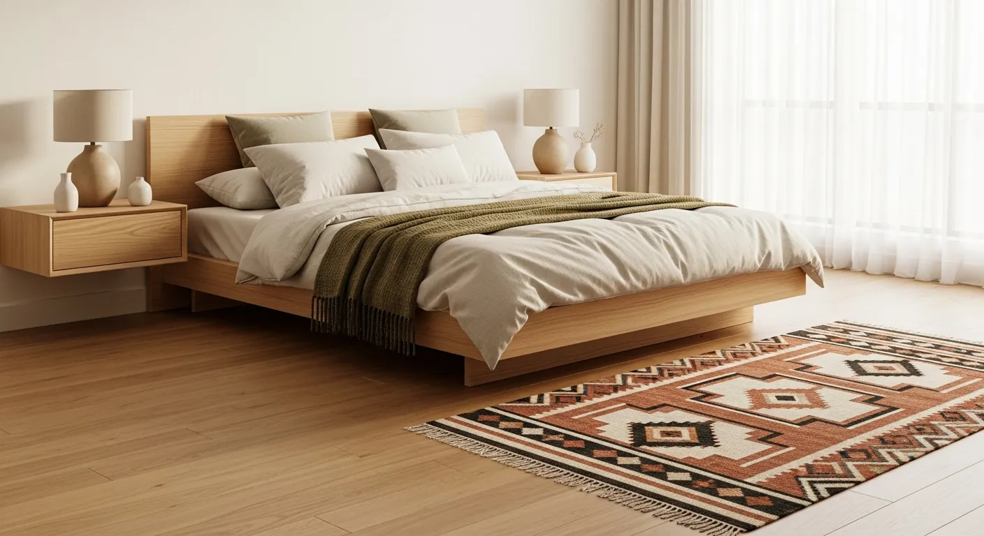 A Terracotta, Cream, and Dark Brown Geometric Patterned Runner Rug Lies on a Light Oak Hardwood Floor