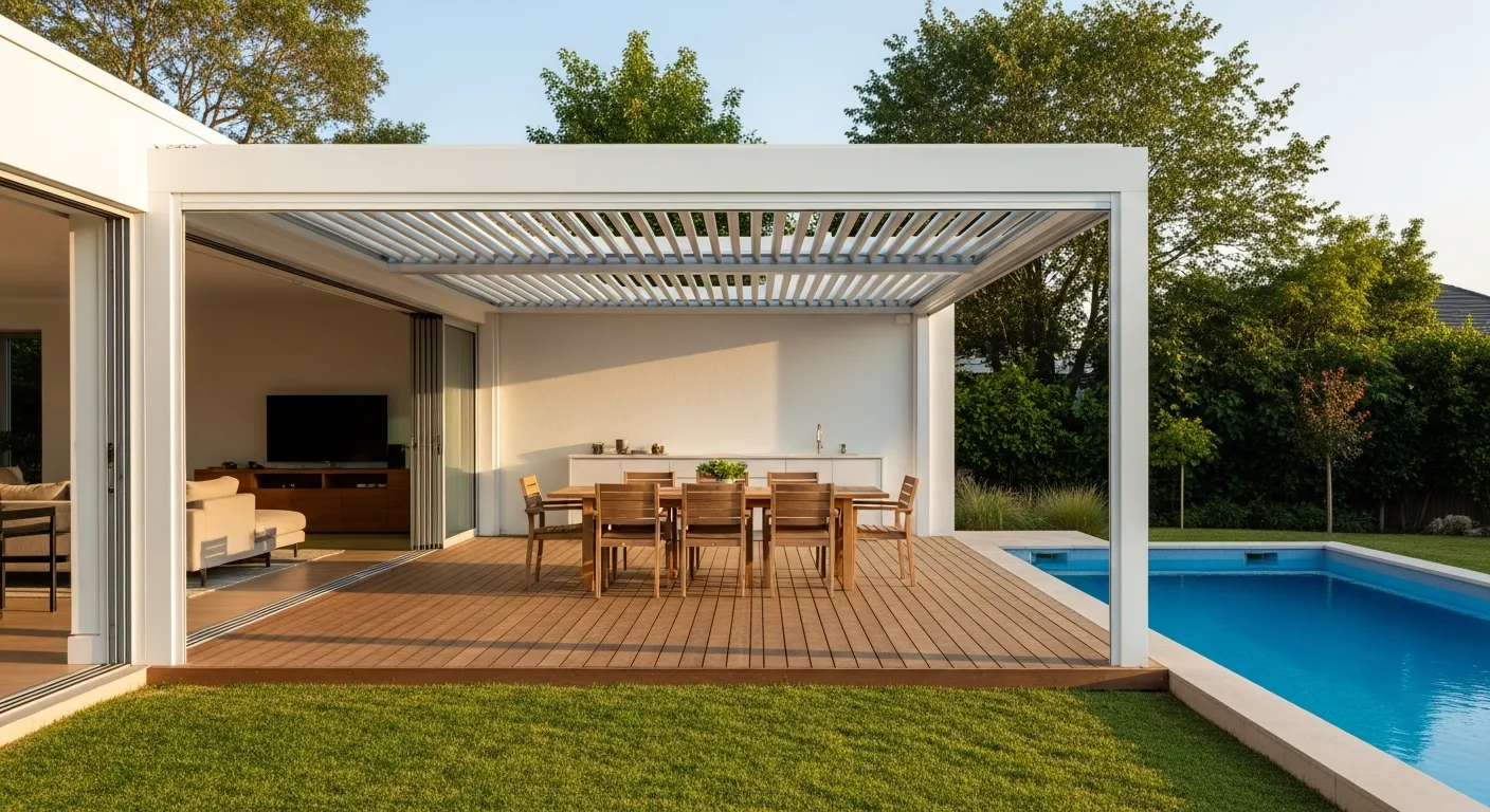 A White Slatted Pergola Covering a Wooden Deck With a Long Wooden Dining Table and Chairs
