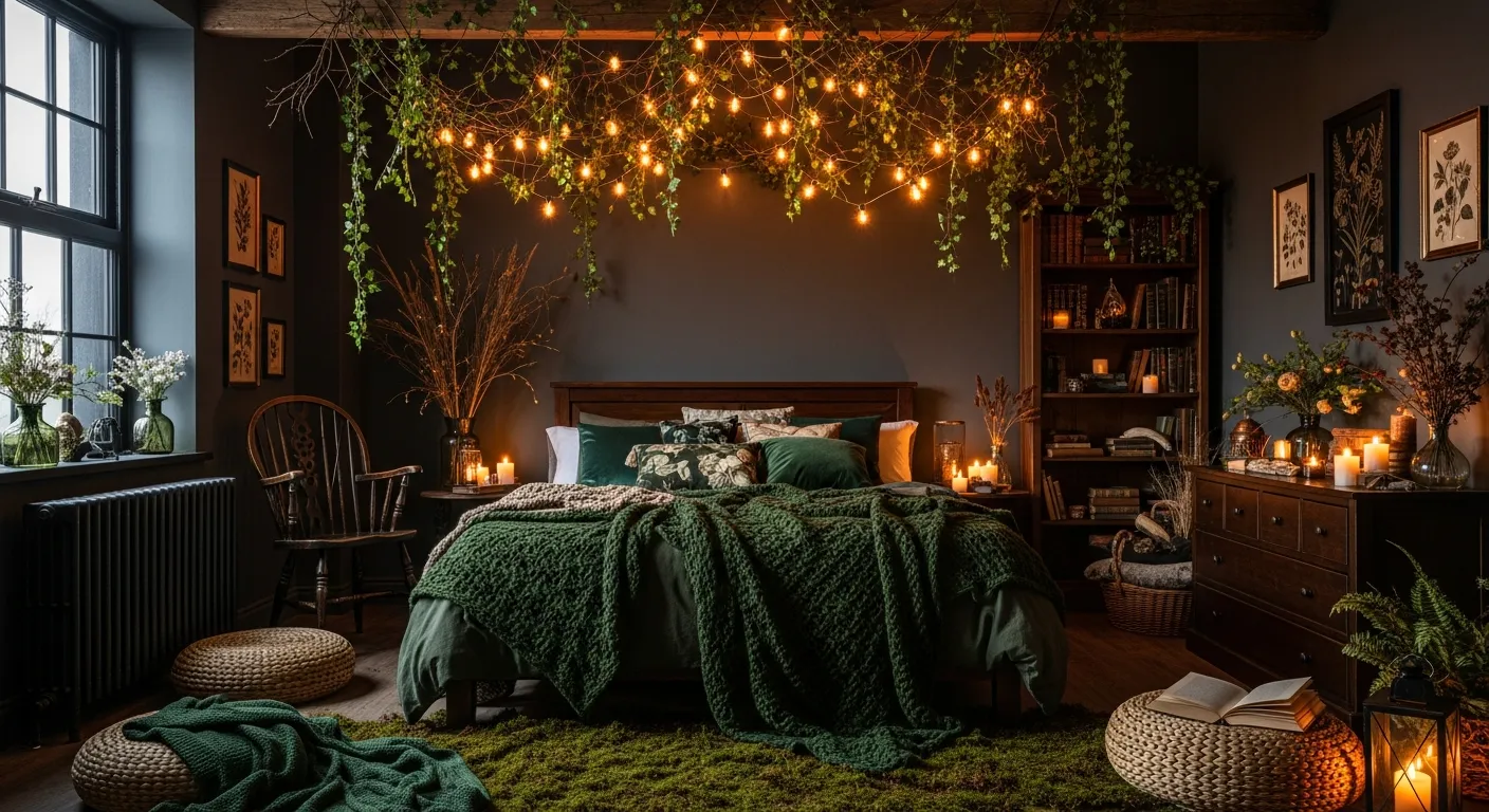 A Large, Inviting Bed With a Dark Wooden Headboard and Frame, Adorned With Luxurious, Richly Textured Dark Green Knit Blankets