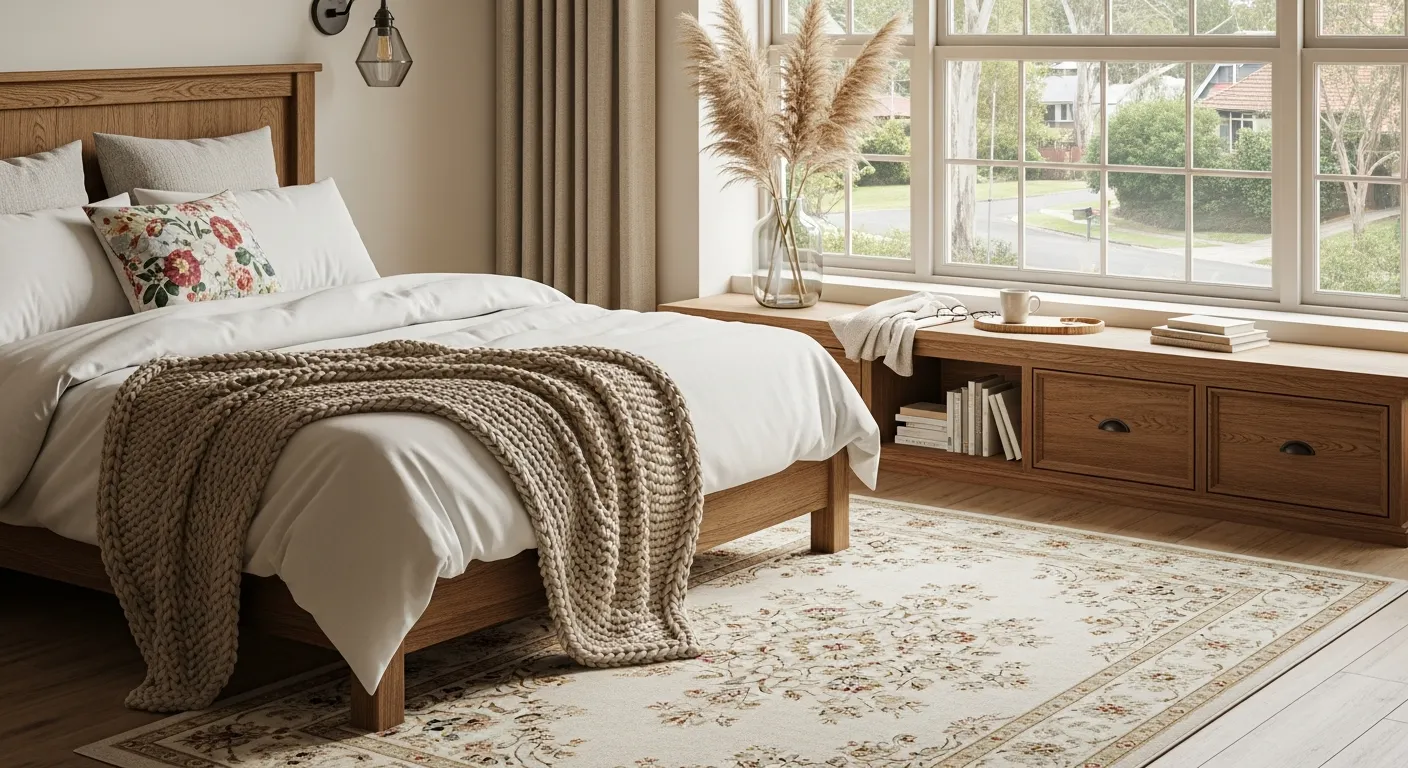 The Floor is Covered by a Distressed Cream and Beige Floral Patterned Rug