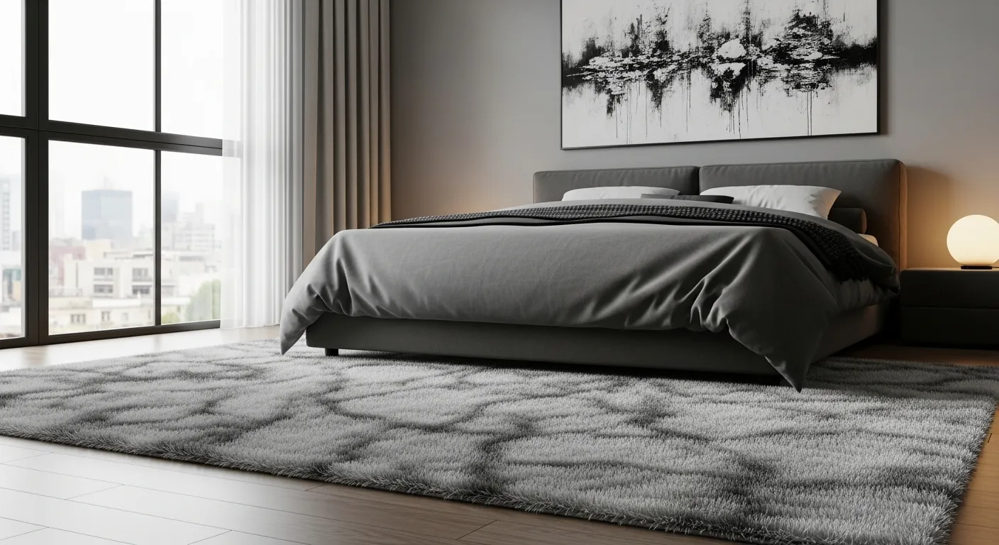 A Fluffy, Plush Grey and White Marbled Pattern Rug Covers the Floor
