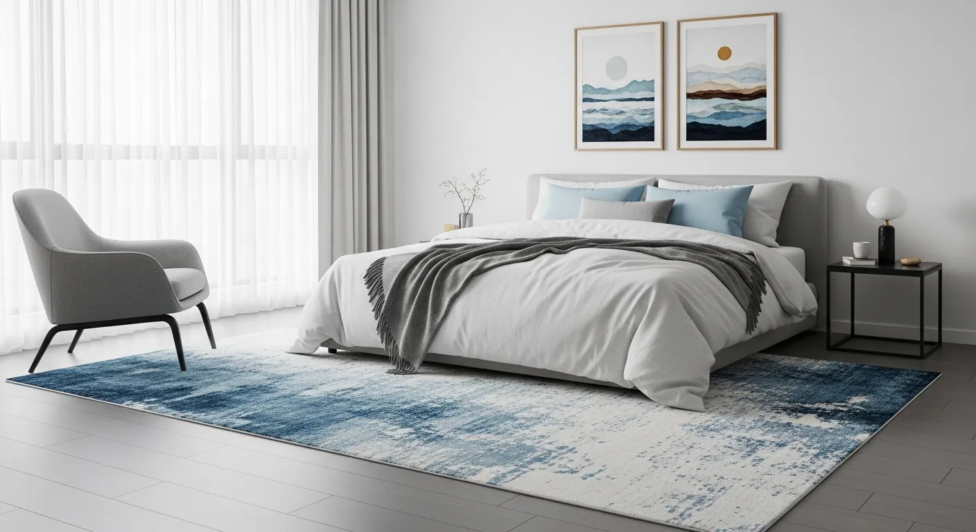 A Large Bed, Featuring White Linen Bedding, Light Blue Pillows, and a Grey Throw Blanket