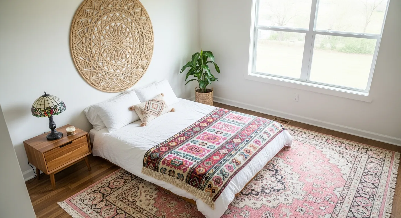 A Distressed Bohemian Area Rug in Pink, Red, and Cream Covers Most of the Wooden Floor