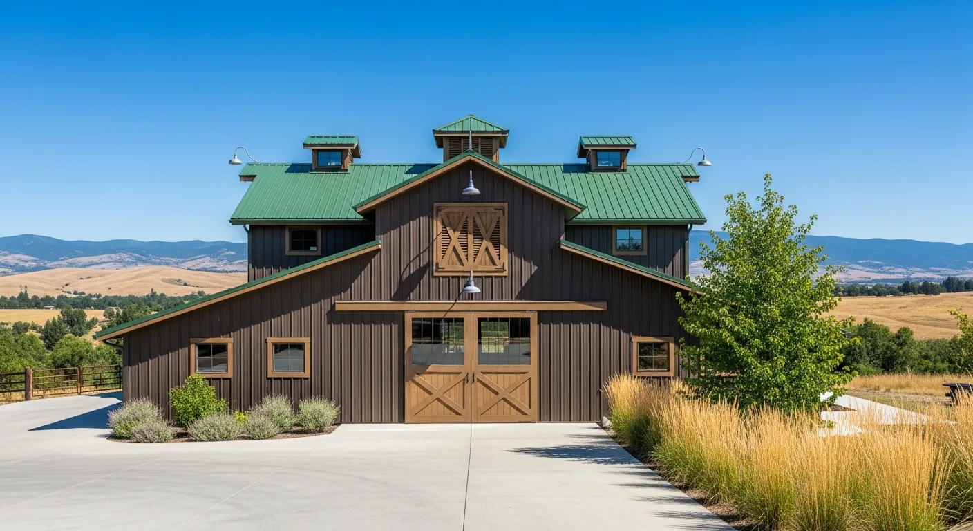 A Barn Features a Two-story Monitor Roof Structure With Dark Brown, Vertical Corrugated Metal Siding, Topped by a Green Metal Roof