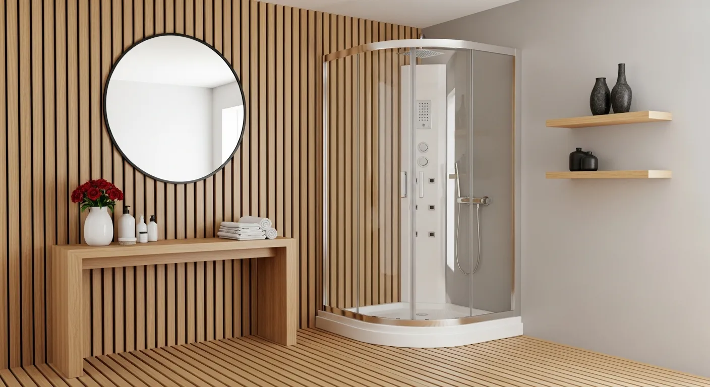 A Bathroom Interior With a Sleek, Rounded Quadrant Shower Cabin With Clear Glass Panels