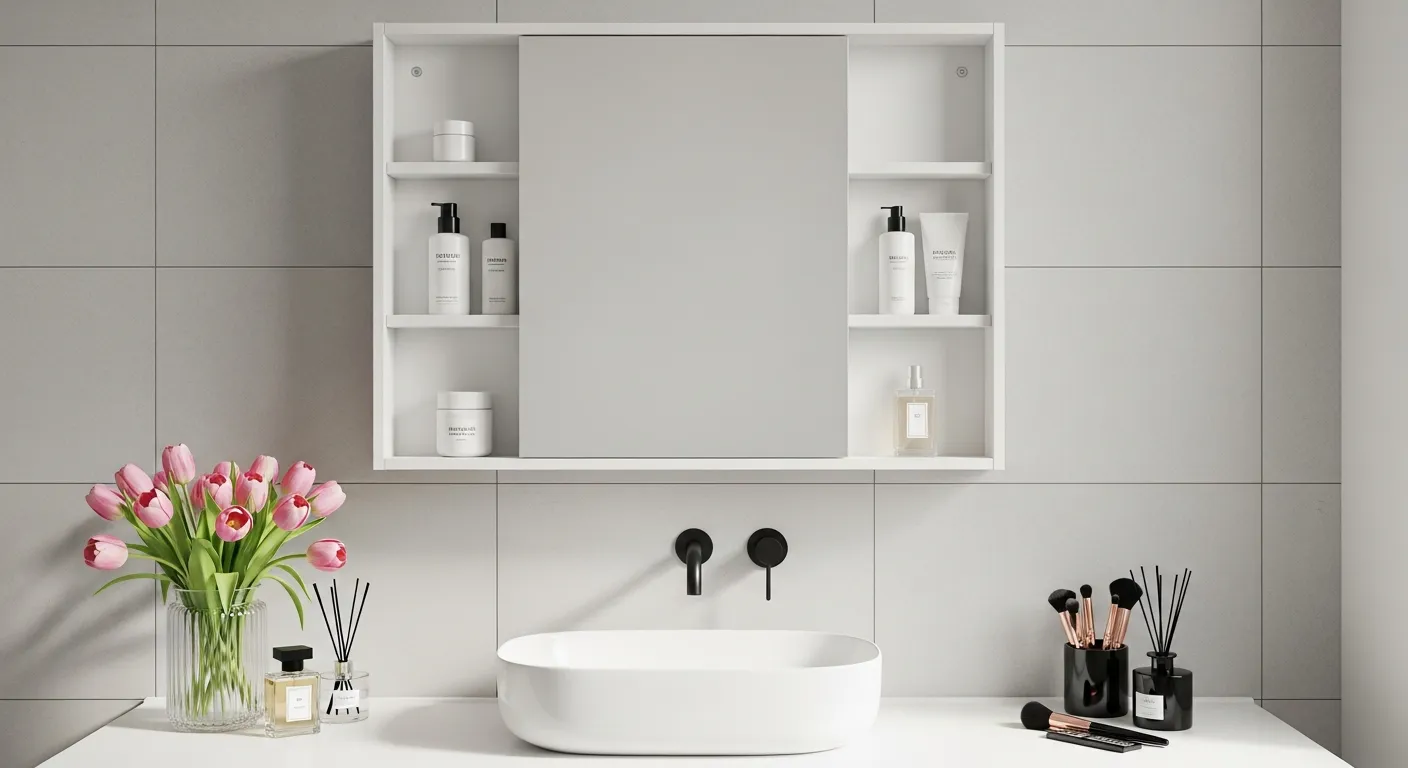 A Bathroom Vanity Featuring a White Vessel Sink, Matte Black Wall-mounted Faucet, and a White Medicine Cabinet With a Sliding Mirrored Door