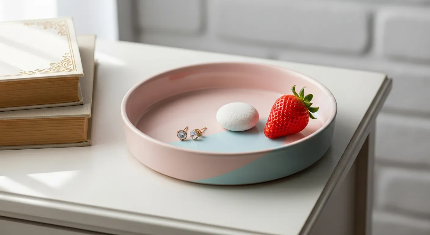 A Beautiful Danish Pastel Trifle Tray in a Matte Texture With Soft Blush Pink and Sky Blue Hues, is Precisely Placed Polished Wooden