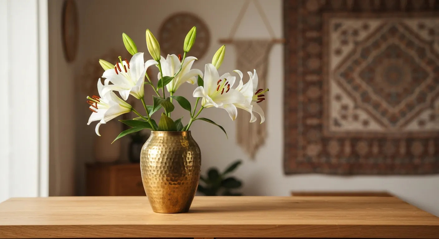 A Beautiful Hammered Design Vase Placed on a Table