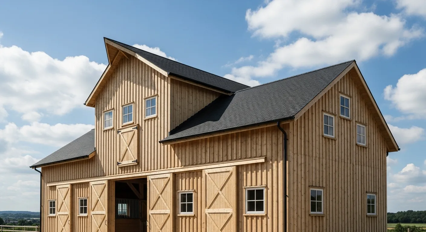 A Beautiful, New, Two-story Monitor Barn, Crafted From Raw, Light-colored Vertical Wood Siding