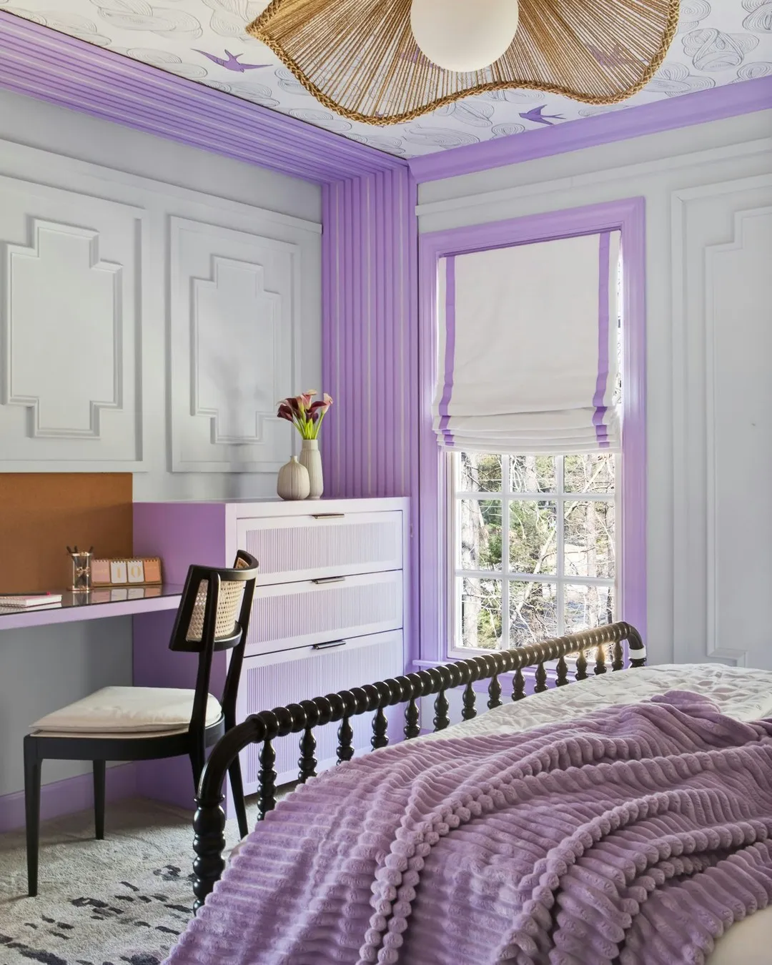 A Beautiful Room With Lilac Trim and Patterned Ceiling