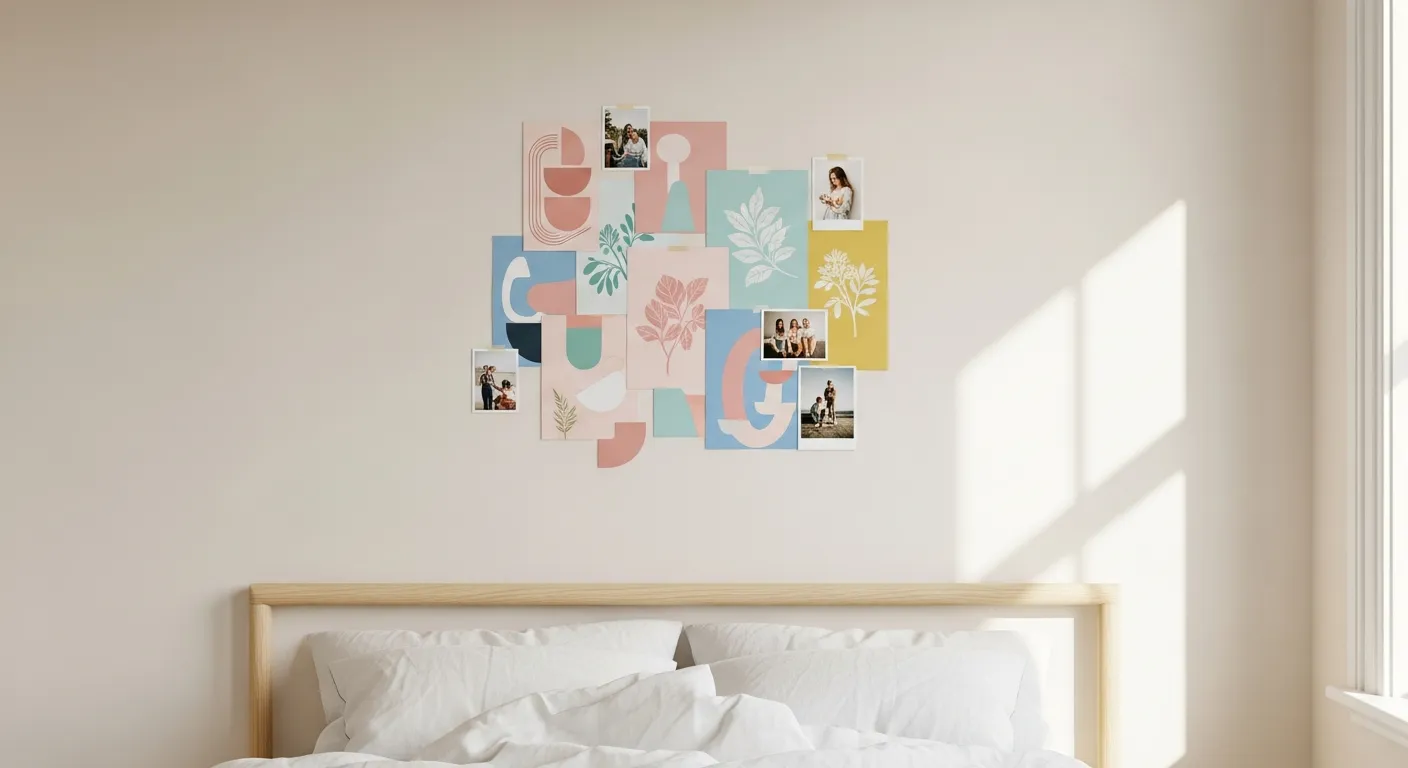 A Beautifully Arranged Danish Pastel Wall Collage, Centered Above a Minimalist Light-wood Bed Frame With Crisp White Linen Bedding