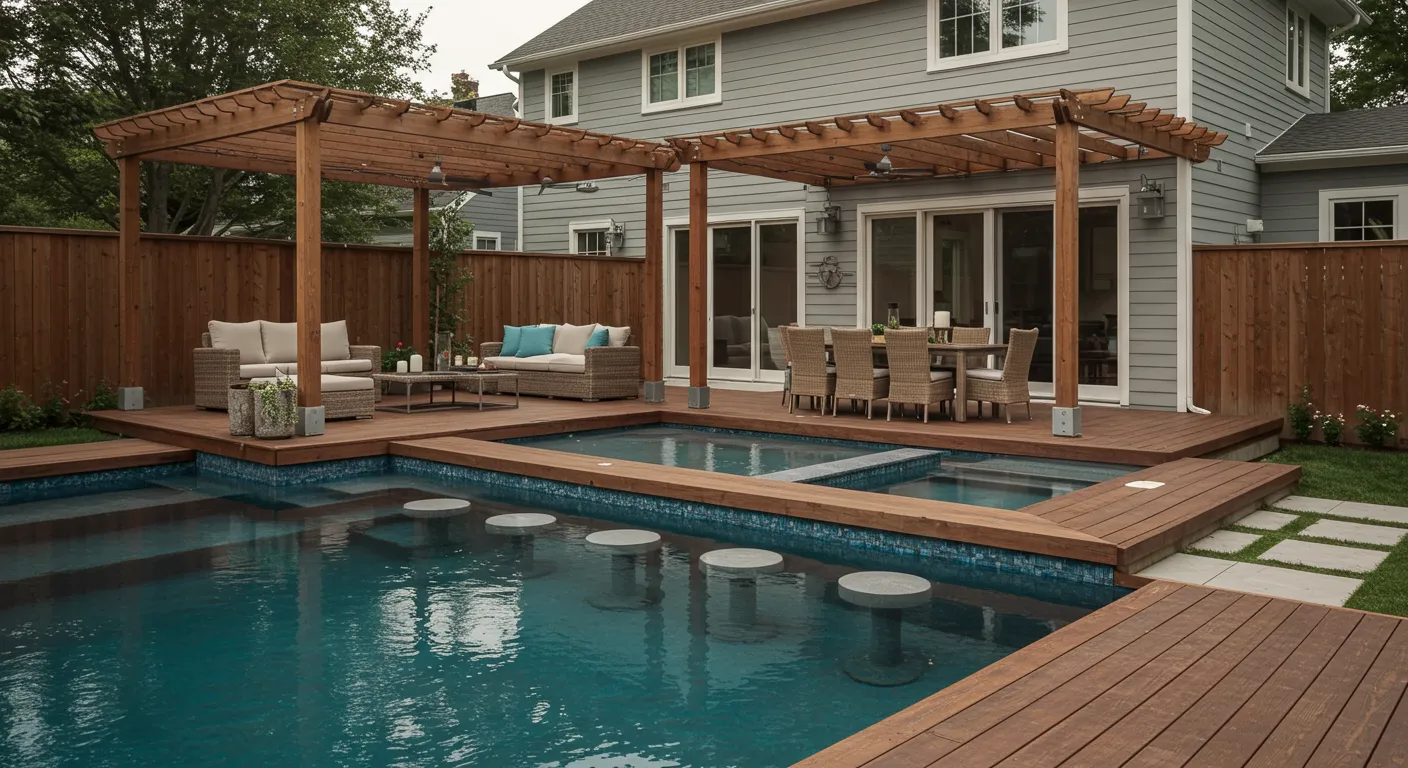 A Beautifully Constructed Wooden Pergola Covers a Patio Area A Beautifully Constructed Wooden Pergola Covers a Patio Area