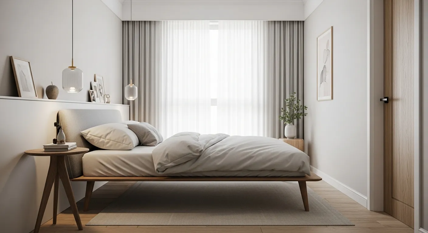 A Beautifully Designed, Airy, and Serene Small Bedroom, Feeling Spacious and Calm Featuring a Low Bed