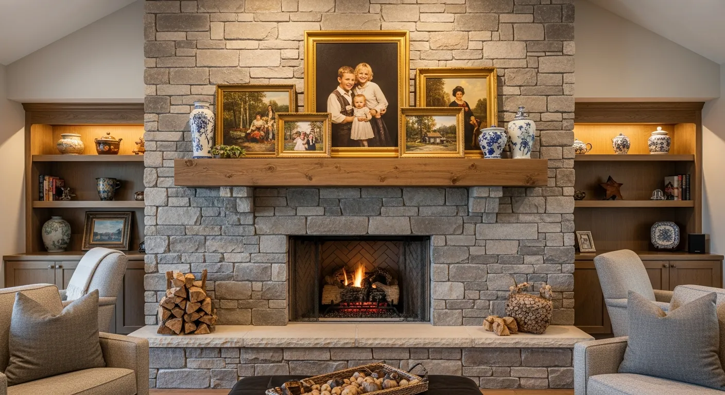 A Beautifully Designed, Cozy Living Room With a Grand Stone Fireplace