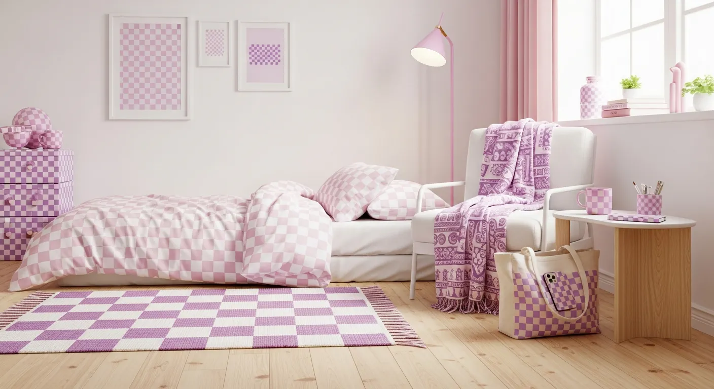 A Beautifully Designed Minimalist Room Interior is Harmoniously Adorned With Pastel Pink and Purple Checkered Patterns