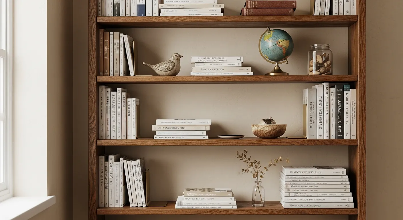 A Beautifully Organized, Rustic, Adjustable Wooden Bookshelf, Are Uniformly Filled With Neatly Aligned Paperback Books