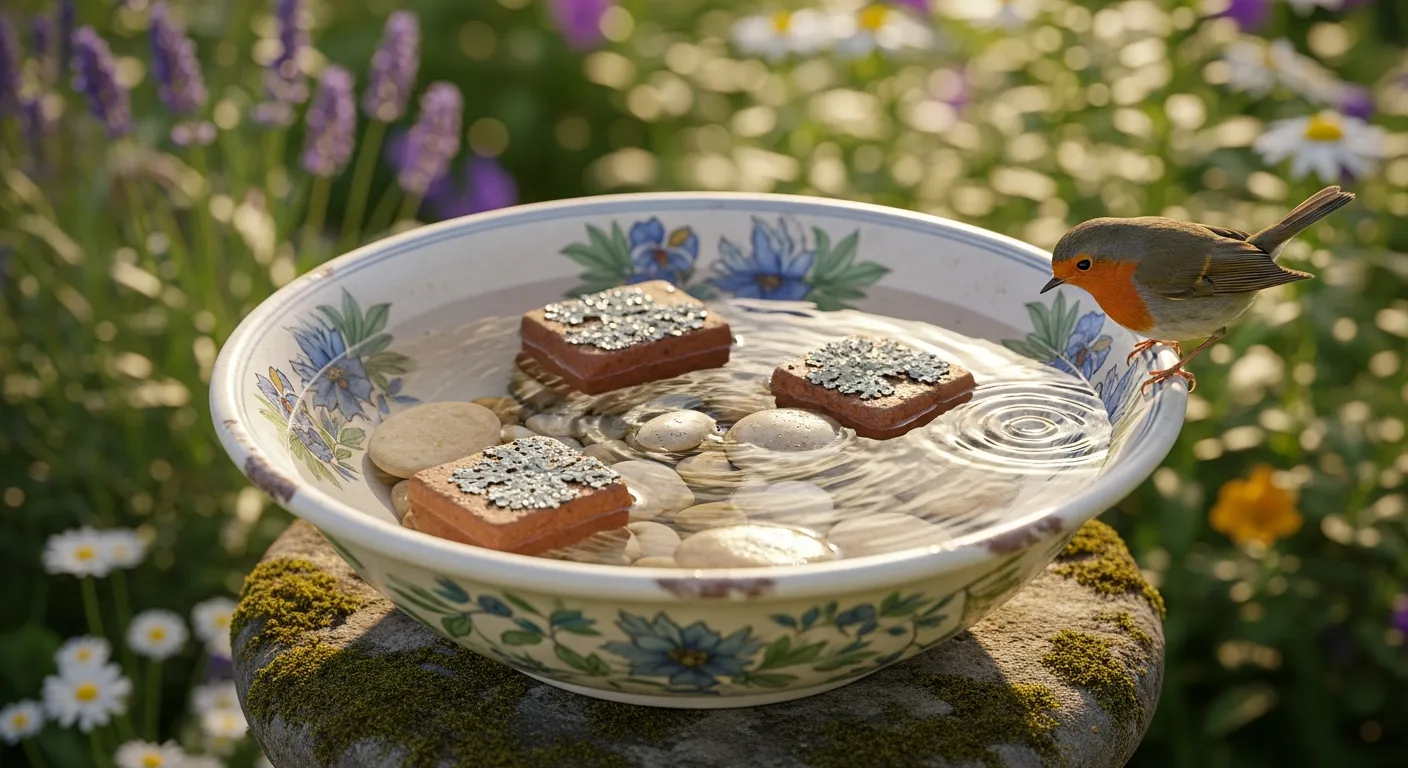 A Beautifully Repurposed Deep Ceramic Serving Bowl as a Bird Bath, Positioned on a Moss-covered Stone Pedestal in a Cottage Garden