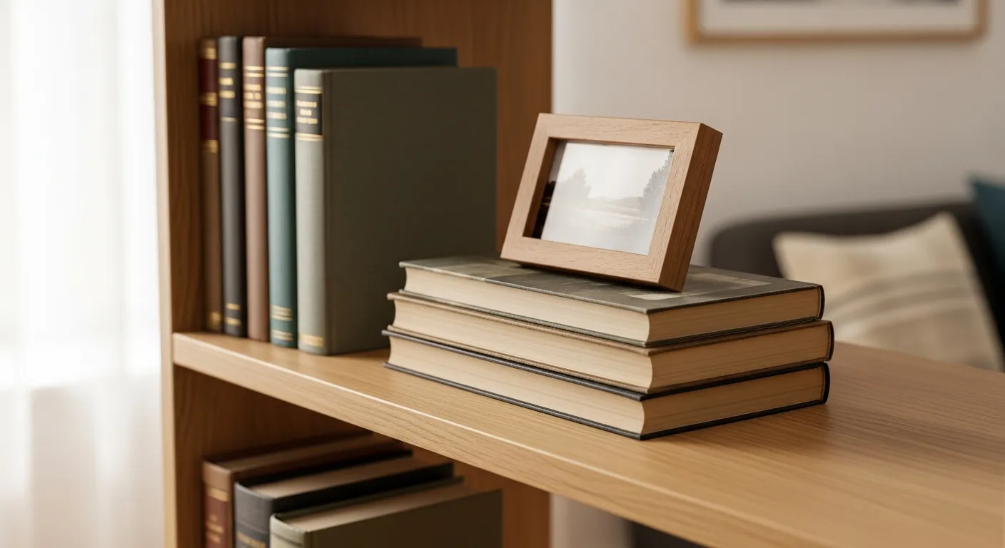 A Beautifully Styled Bookshelf Vignette Focuses on a Section of a Light Oak Shelf, Meticulously Arranged