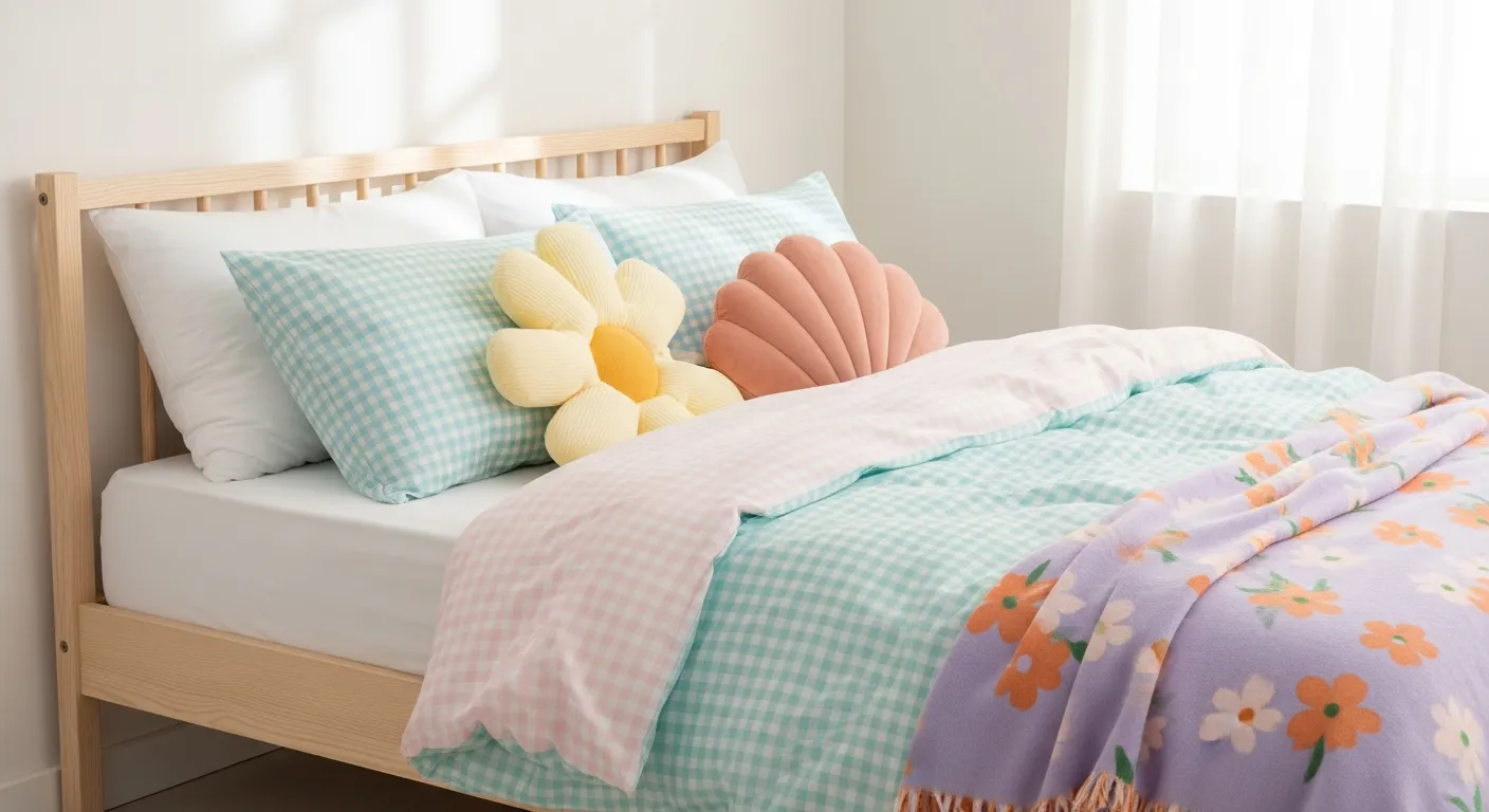 A Beautifully Styled Danish Pastel Bedroom Corner With a Pristine Bed With a Light Wooden Frame, Adorned With a Soft Pastel Color Palette