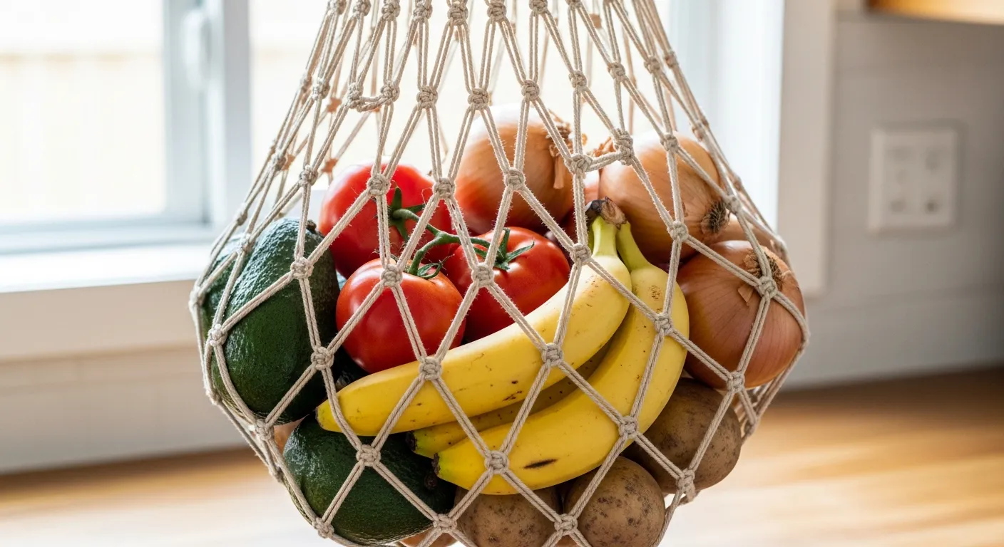 A Beautifully Woven Macrame Hanging Produce Net