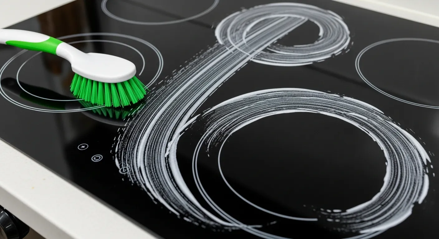 A Black Glass-ceramic Electric Stovetop Covered in Backing Soda and Water Paste With a Brush Placed Beside