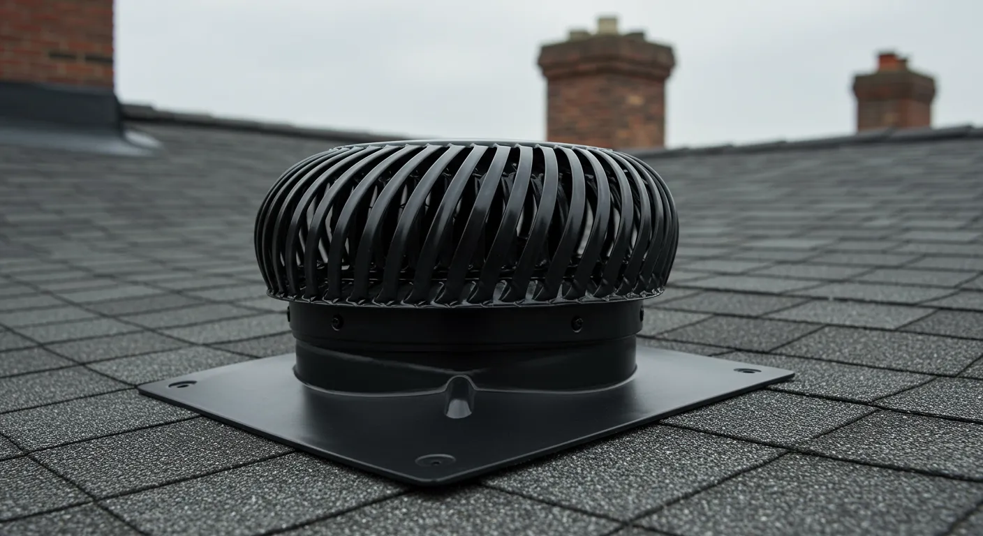 A Black Roof Vent Installed on a Section of Weathered Asphalt Shingles A Black Roof Vent Installed on a Section of Weathered Asphalt Shingles