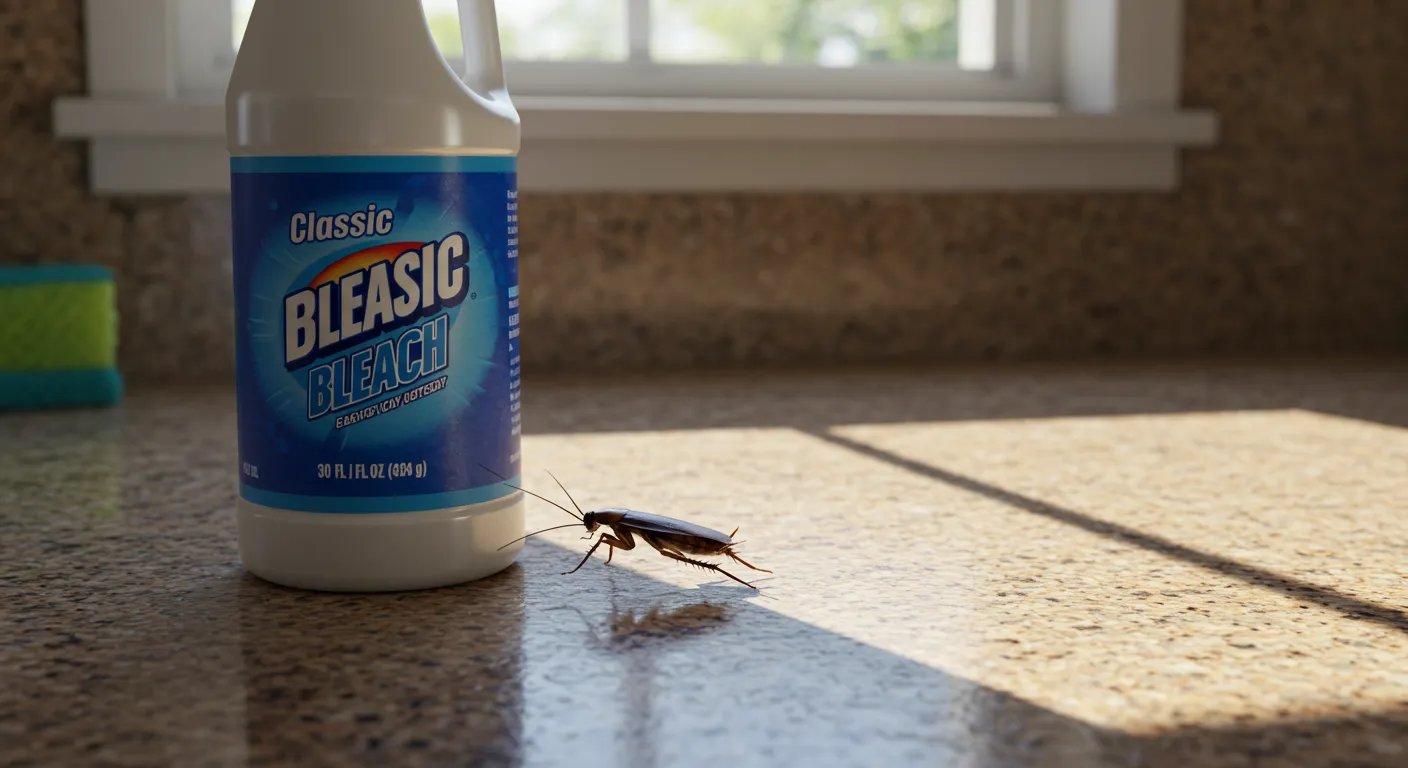 A Bleach Bottle on Kitchen Counter and Roach Scurrying Away A Bleach Bottle on Kitchen Counter and Roach Scurrying Away