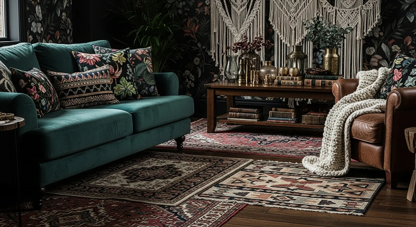 A Bohemian Living Room With a Deep Emerald Velvet Sofa With an Artful Arrangement of Cushions Featuring Dark, Intricate Tribal and Floral Prints