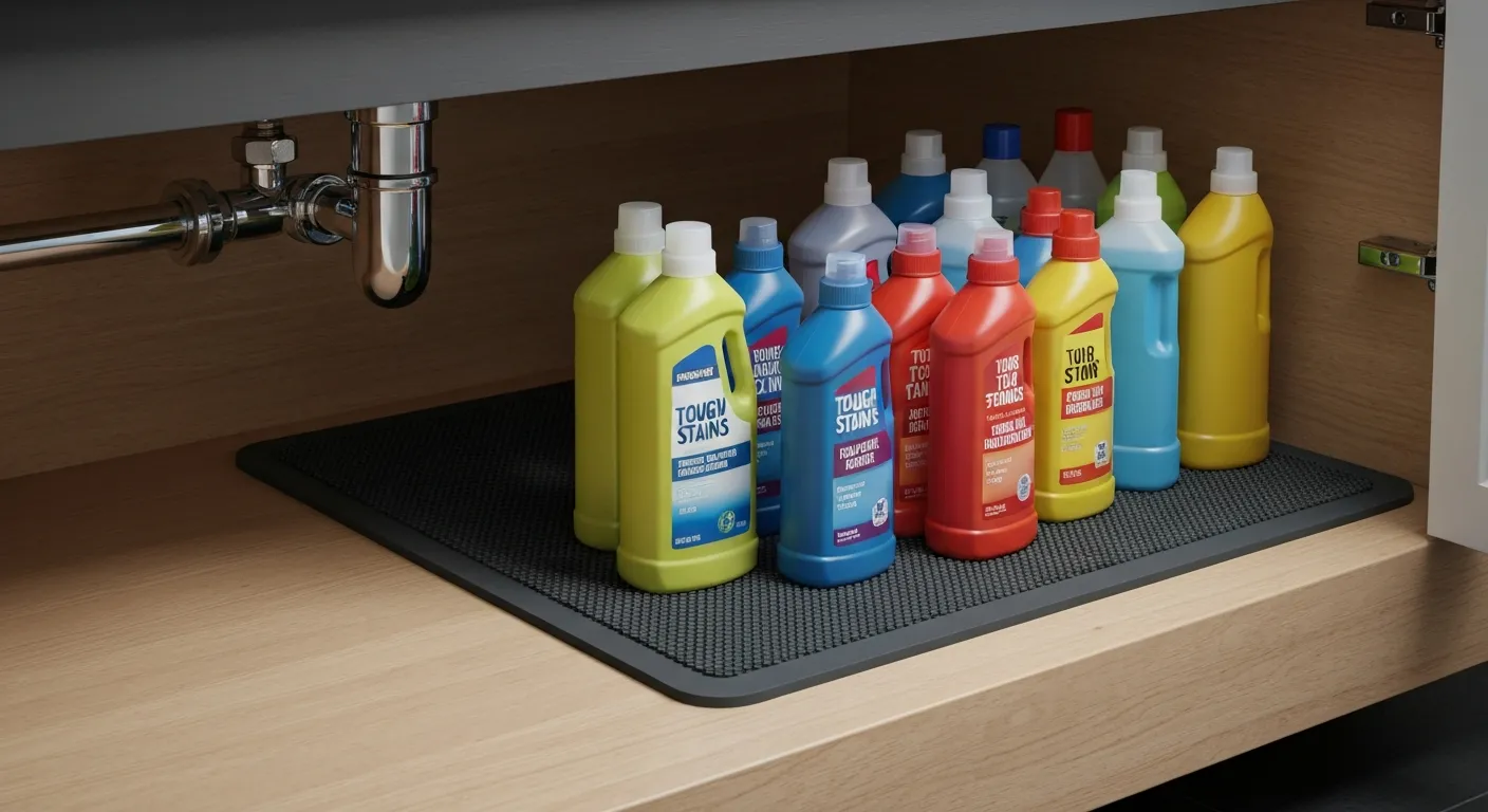 A Bottom of the Cabinet Prominently Displaying Arranged Collection of Various Brightly Colored Chemical Cleaning Bottles