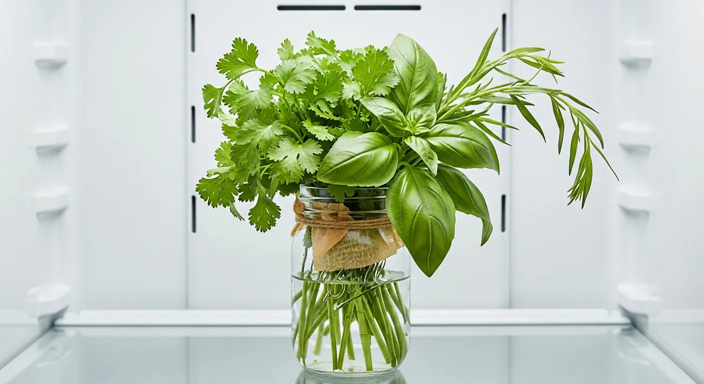 A Bouquet of Freshly Cut Green Herbs, Arranged in a Clear Glass Mason Jar, Half-filled With Glistening Water