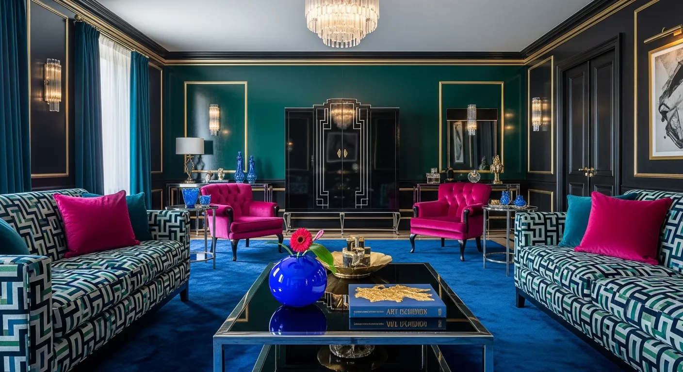 A Breathtaking, Luxurious Art Deco Interior Living Space, Bathed in Opulent Lapis Lazuli Blues, Deep Emerald Greens, and Rich Raspberry Hues