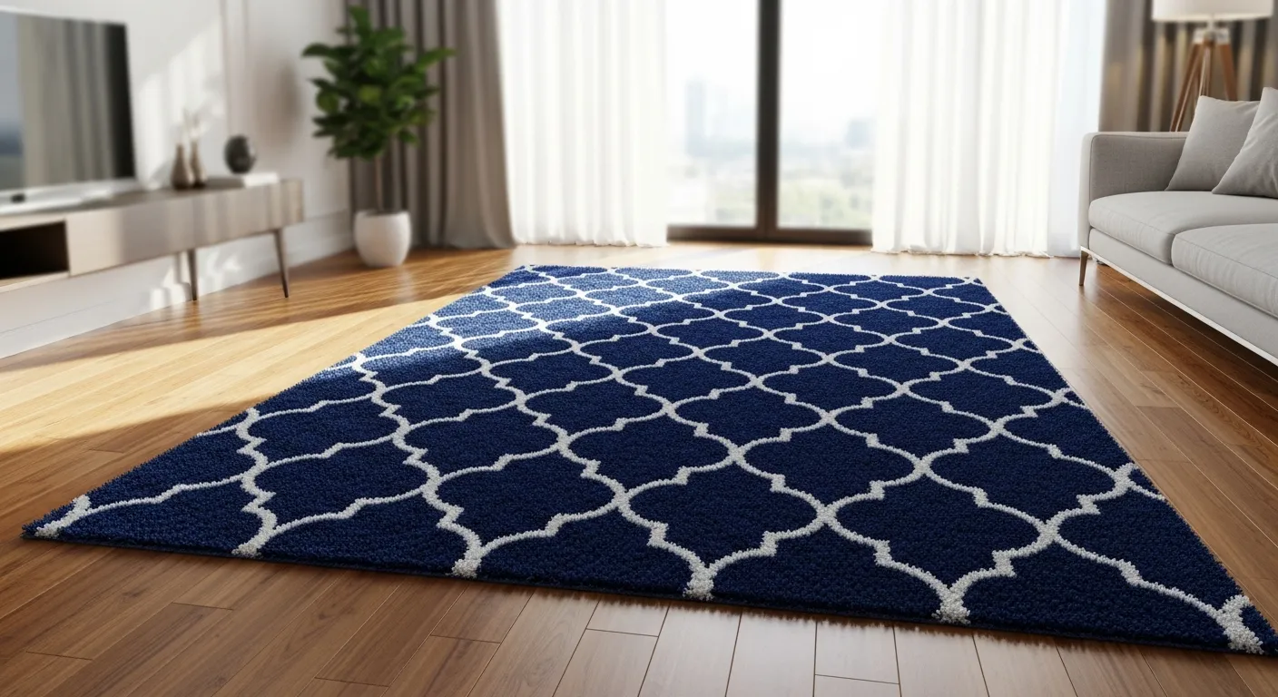 A Breathtakingly Luxurious, Plush Area Rug, Rich Deep Sapphire Blue, Featuring an Exquisitely Intricate Geometric Trellis Pattern