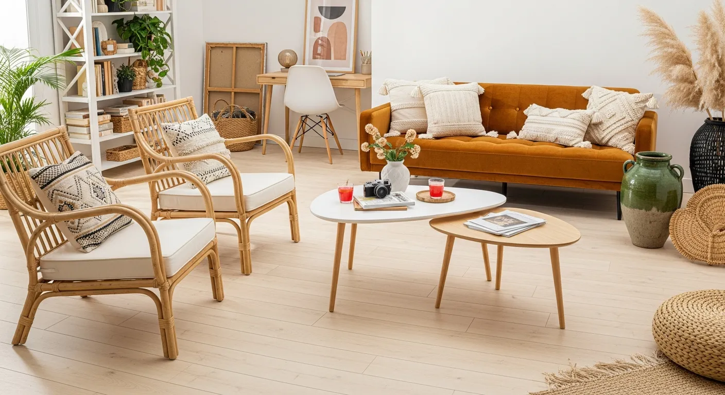 A Bright, Inviting Bohemian Living Room is Covered in Light Blonde Wooden Vinyl Flooring