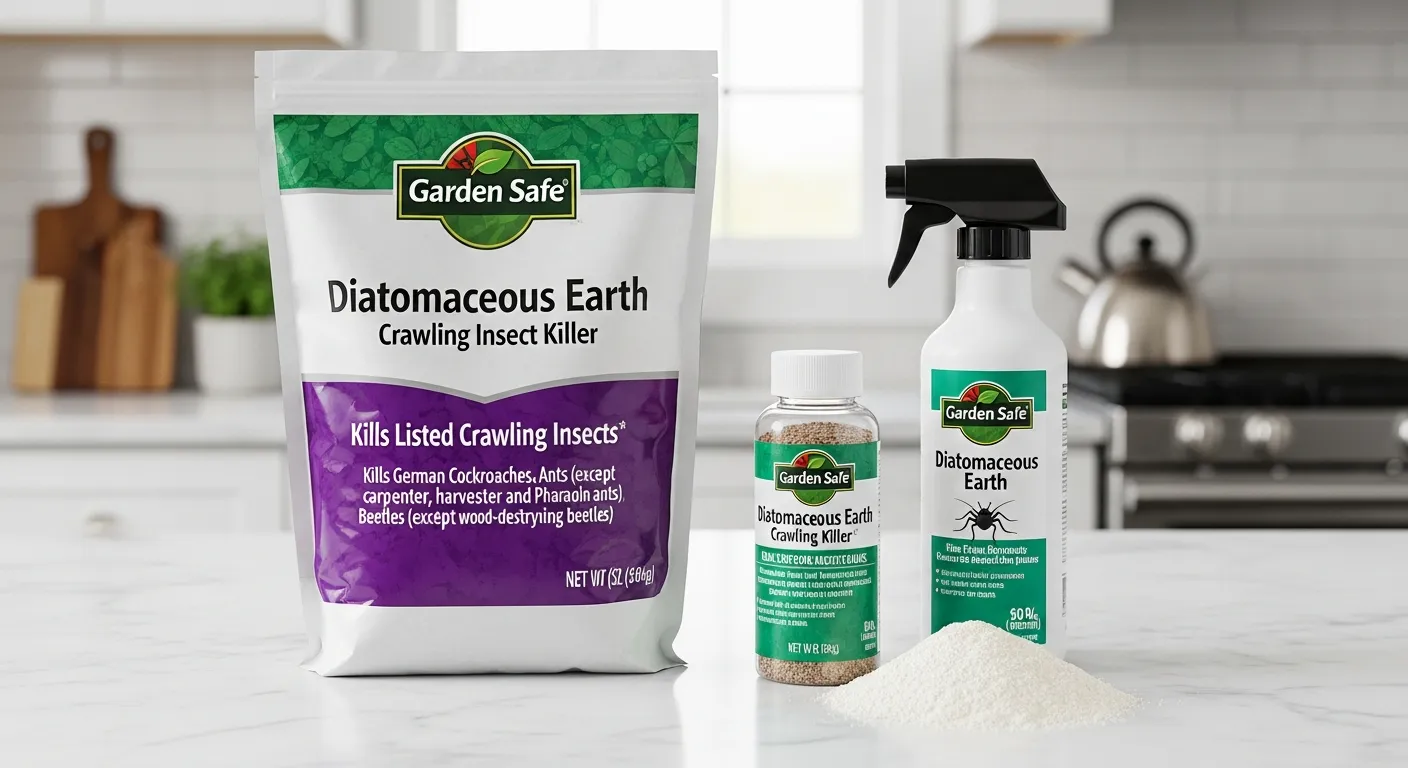 A Bright, Smooth, Light-grey Marble-like Countertop a Large, Crinkled White Plastic Bag of Garden Safe Diatomaceous Earth Crawling Insect Killer
