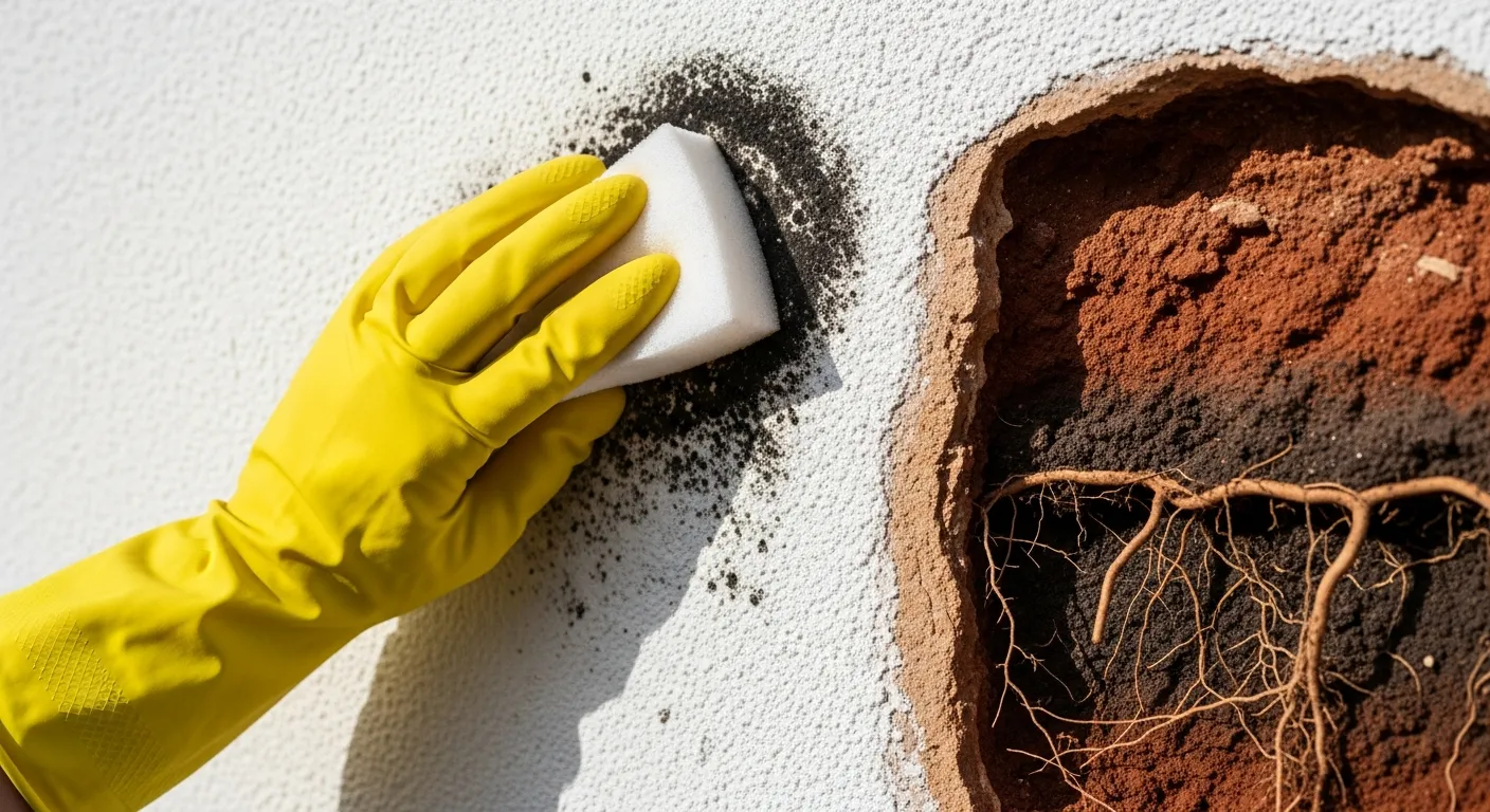 A Bright Yellow Gloved Hand With a White Sponge Cleaning Black Mold Spots Off a Textured White Wall
