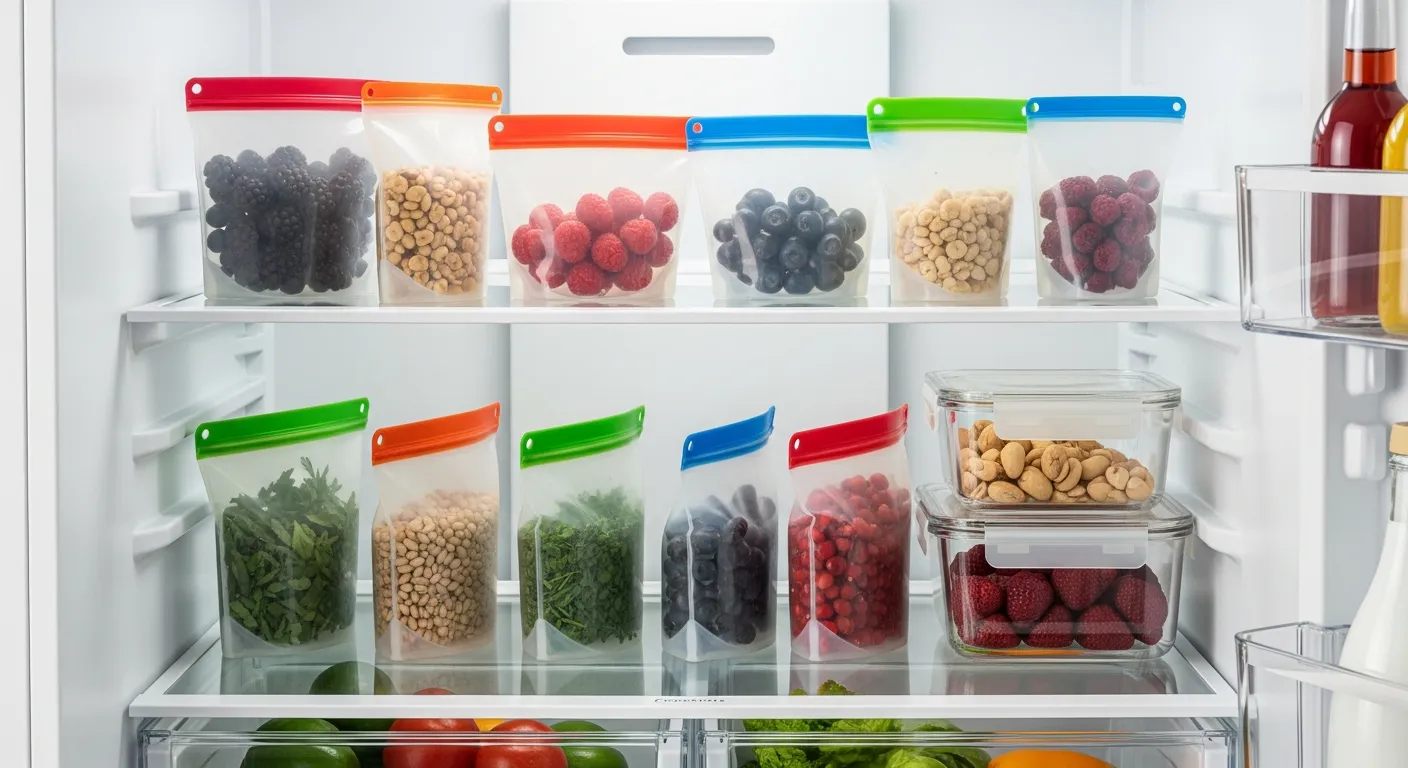 A Brightly Colored Silicone Food Storage Bags, Each Meticulously Filled With Small Portions of Fresh, Vibrant Produce Stored in a Refrigerator