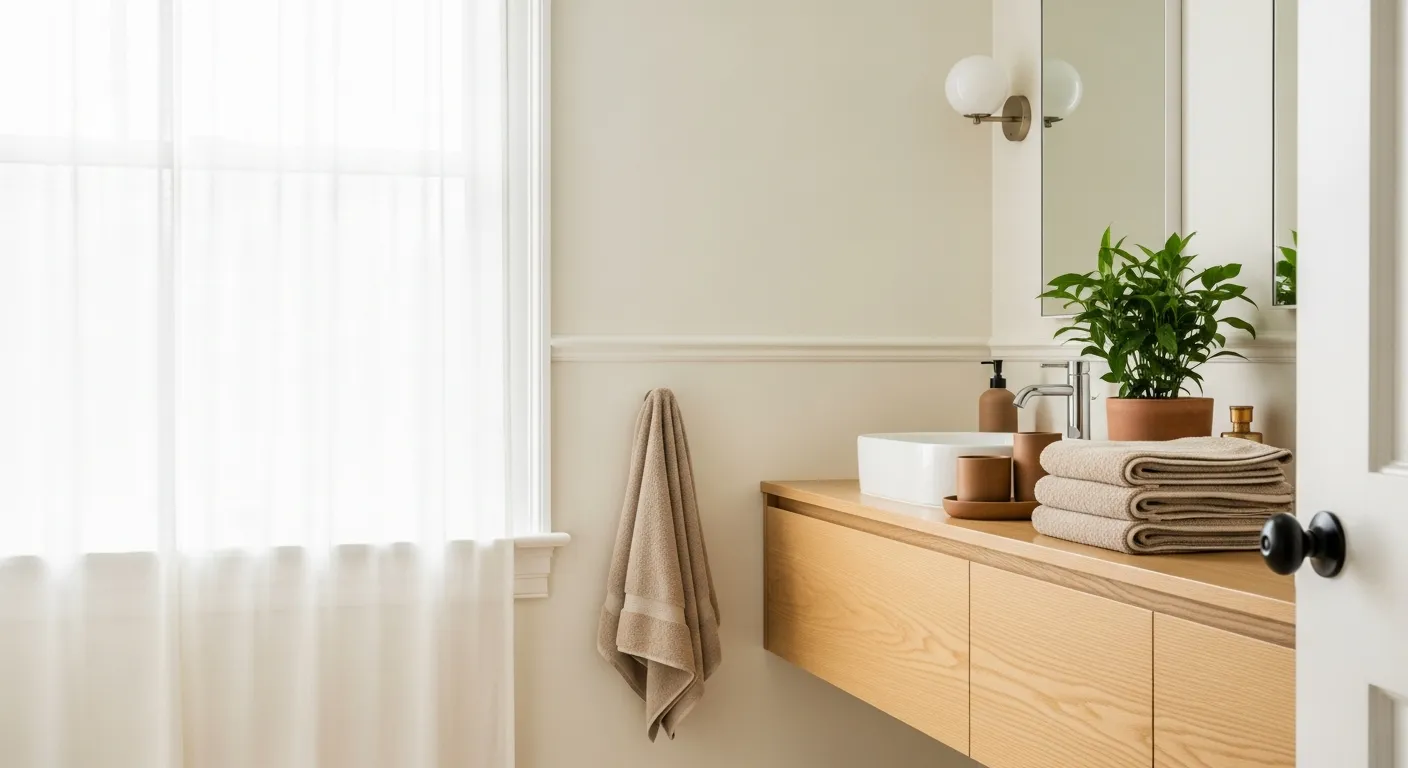 A Brightly Lit Bathroom Interior With Walls Painted in Creamy, Inviting Off-white Hue, Providing a Warm, Backdrop