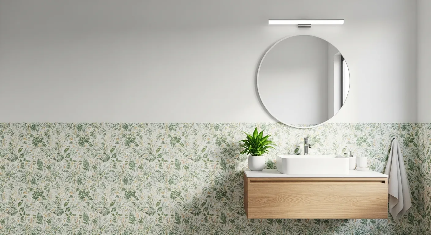 A Brightly Lit Modern Bathroom Interior With Prominent Wall Features a Beautifully Botanical Wallpaper Covering the Lower Half