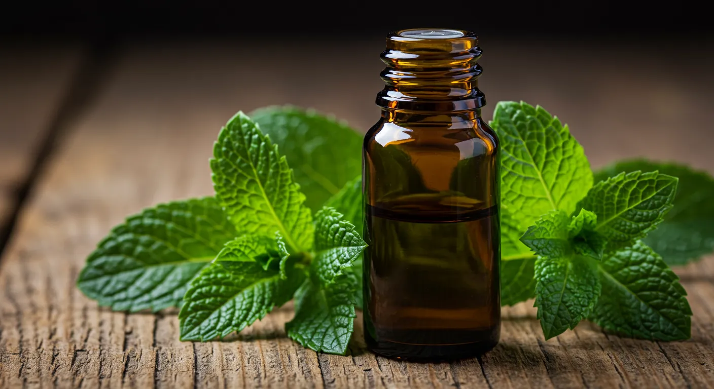 A Brown Glass Bottle Filled With Mint Essential Oil and Some Mint Leaves Placed on Wooden Surface A Brown Glass Bottle Filled With Mint Essential Oil and Some Mint Leaves Placed on Wooden Surface