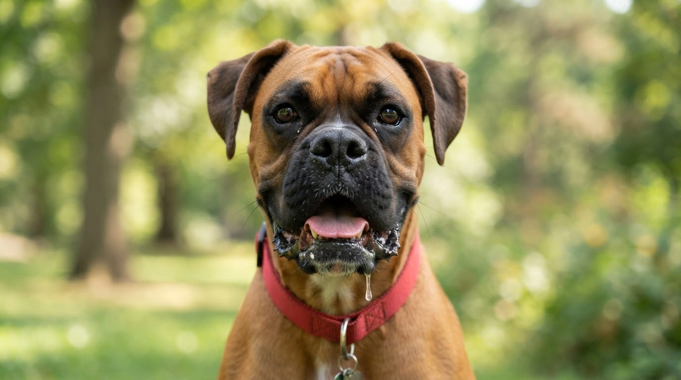 A Brown and Tan Boxer Dog With a Black Muzzle and a Red Collar, Looking Directly at the Camera