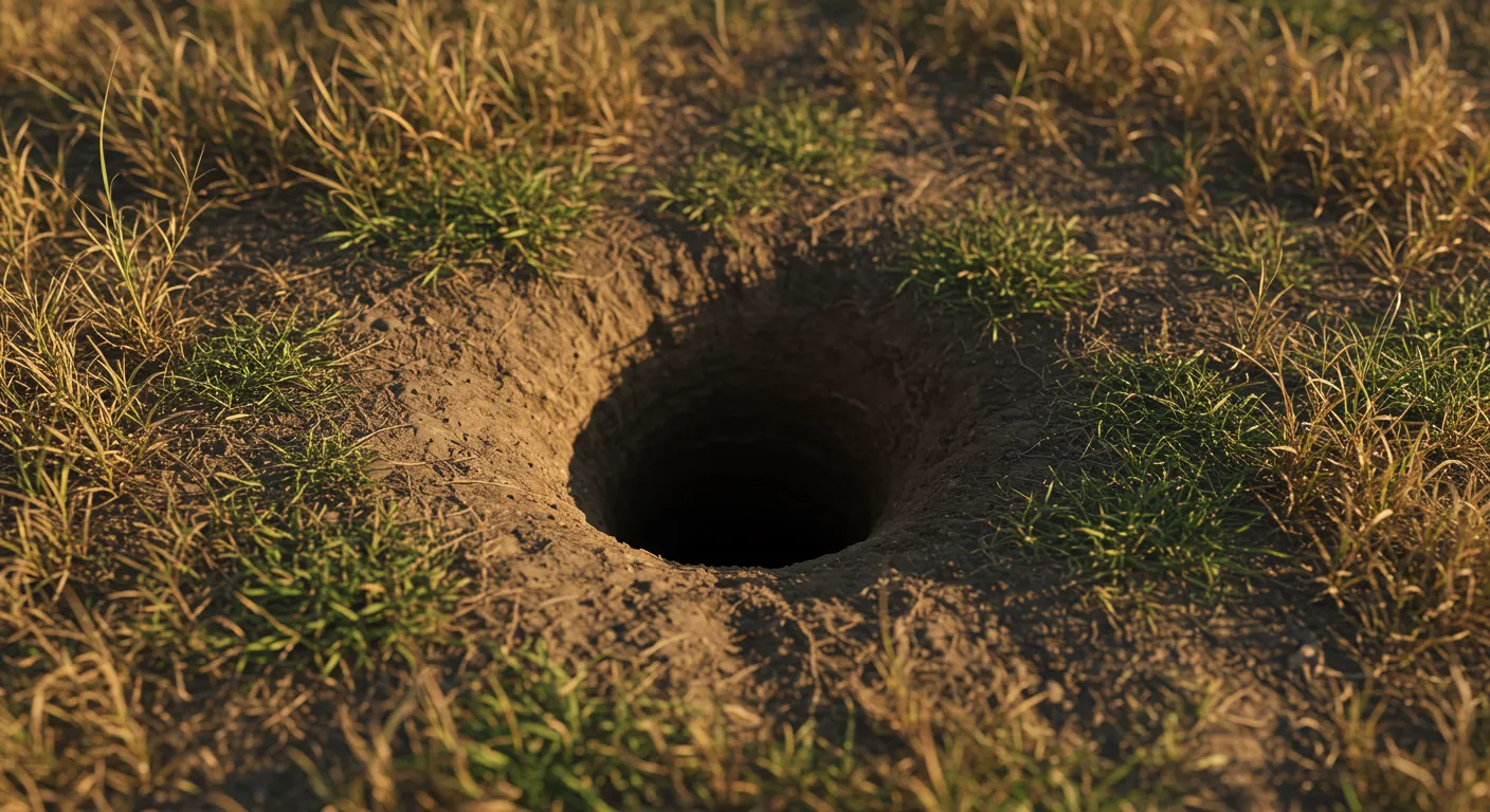 A Burrow Entrance in the Dirt, Surrounded by Dry Grass and Sparse Green Patches