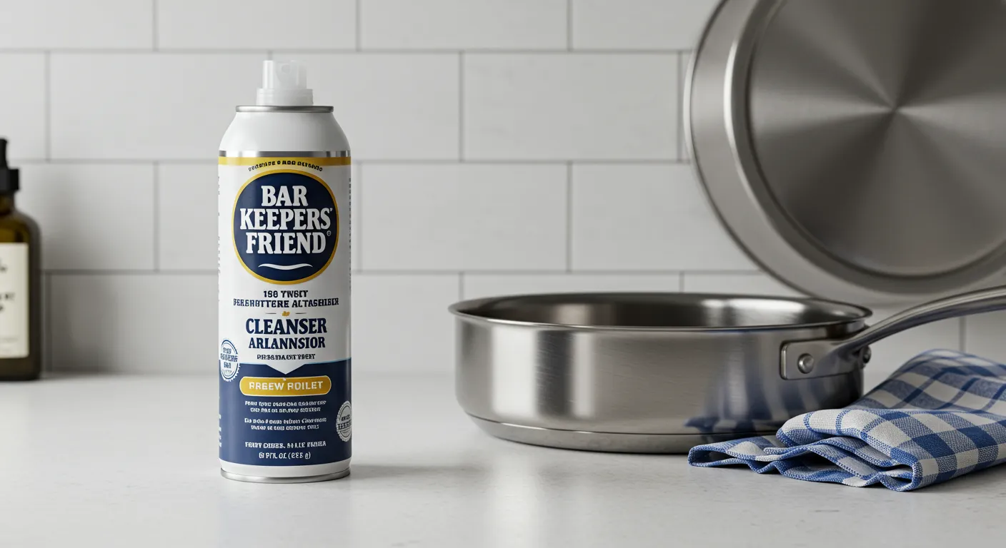 A Can of Bar Keepers Friend Cleanser Standing Upright on a White Countertop A Can of Bar Keepers Friend Cleanser Standing Upright on a White Countertop