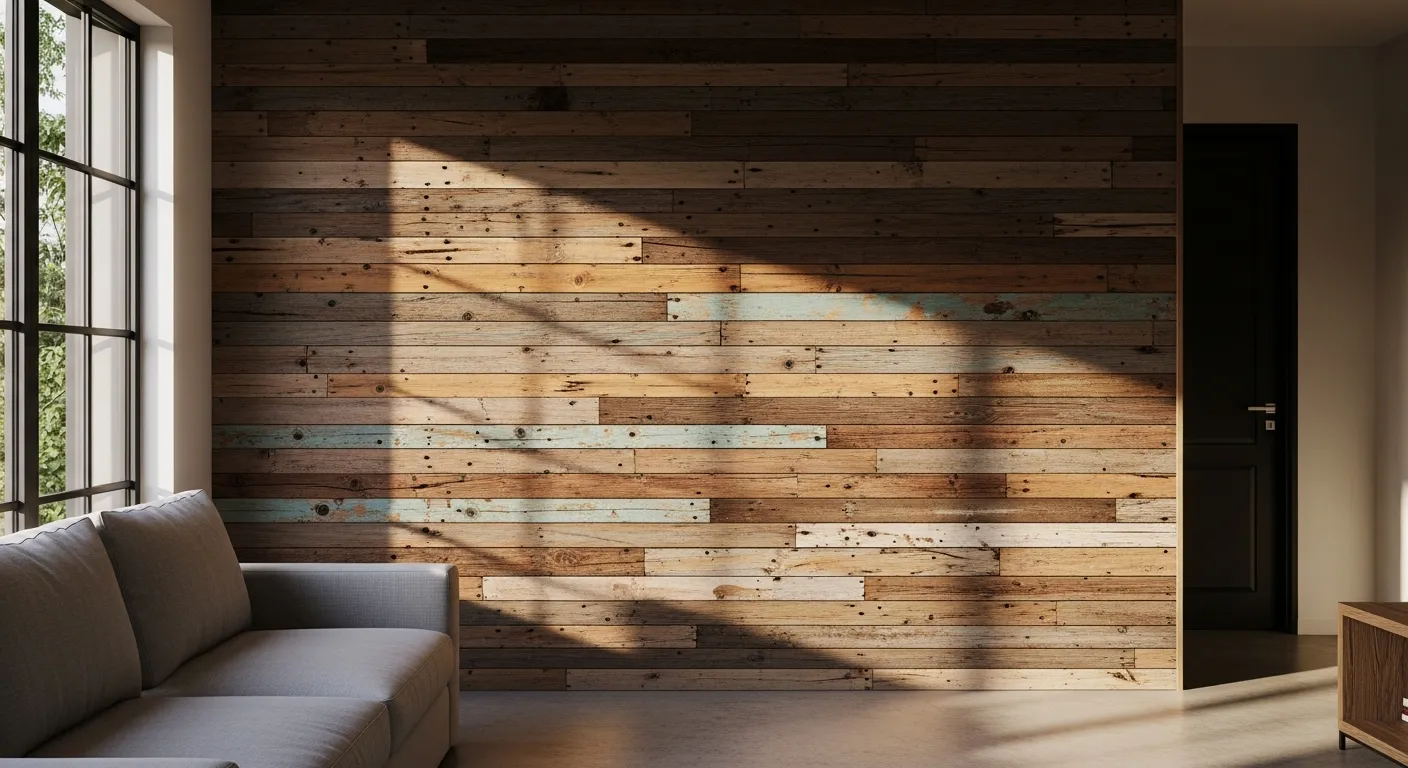 A Captivating Accent Wall Constructed From Intricately Detailed, Multi-tonal Reclaimed Wood
