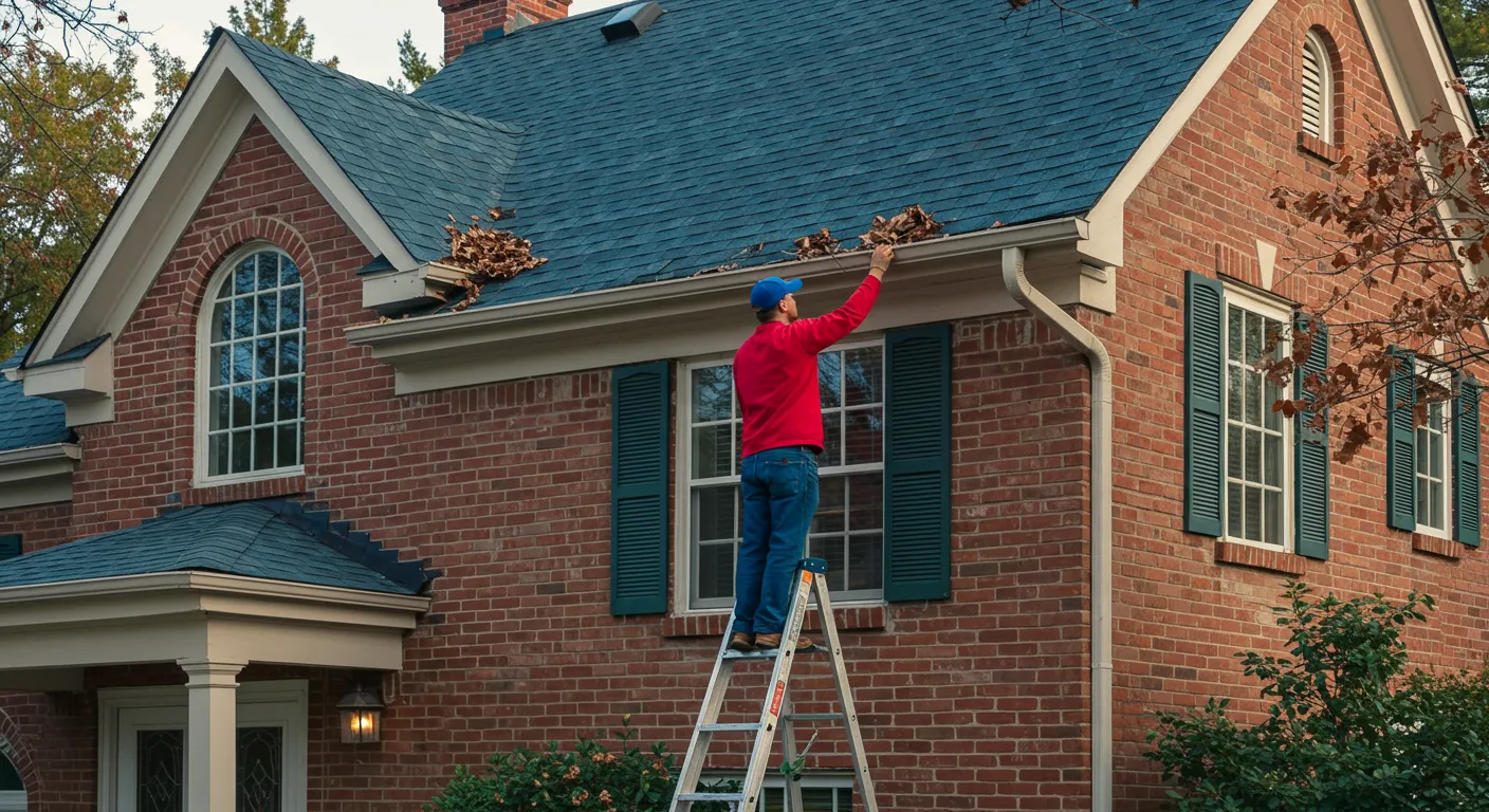 A Caucasian Man Standing on an Aluminum Ladder and Cleaning Leaves From the Gutters A Caucasian Man Standing on an Aluminum Ladder and Cleaning Leaves From the Gutters