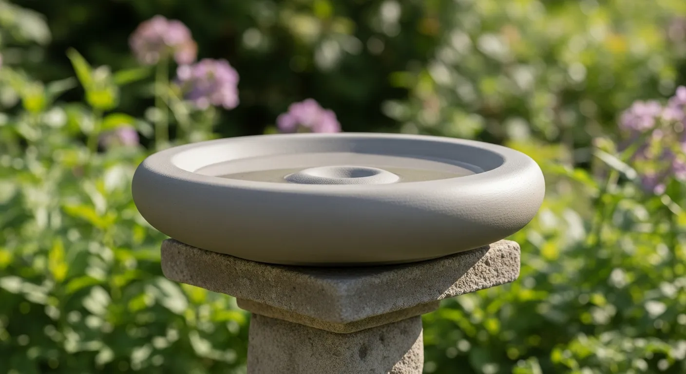 A Cement Bird Bath, Freshly Sealed and Painted in a Earthy Grey Tone, Stands on a Robust, Weathered Stone Pedestal Base
