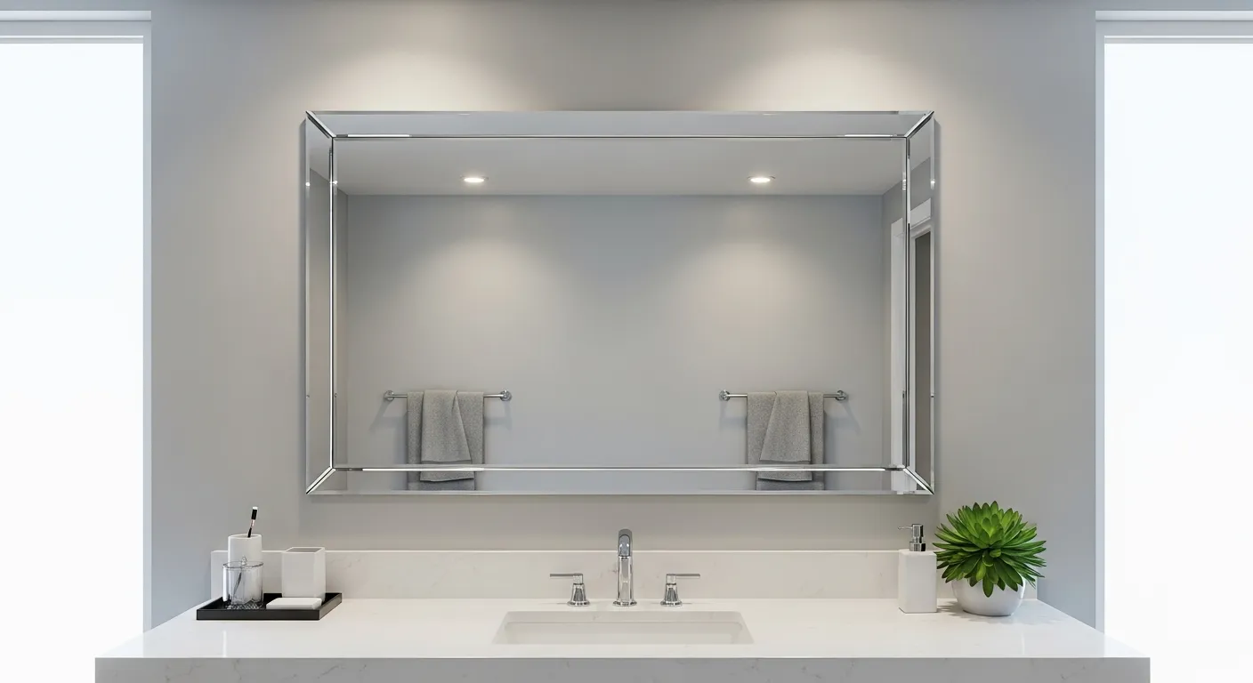 A Centerpiece, Exquisitely Designed, Glass-cut Mirror Precisely Mounted Above a Minimalist White Quartz Countertop and Integrated Rectangular Sink