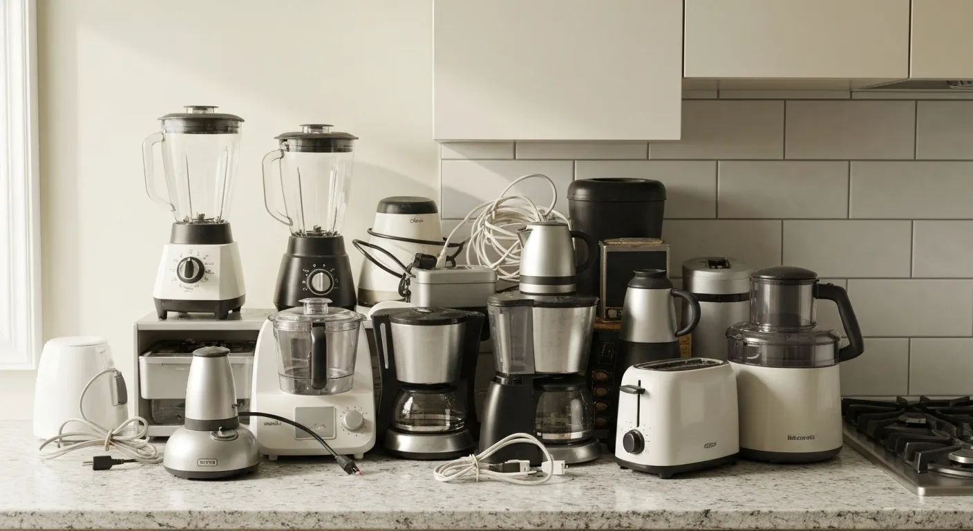 A Chaotic, Eclectic Assortment of Small Household Appliances Piled Haphazardly Across a Pristine, Light-grey Granite Kitchen Countertop