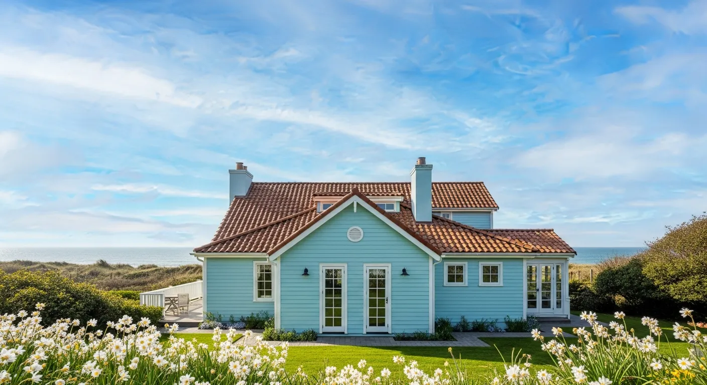 A Charming Coastal Home, Its Walls Painted in a Tranquil, Dreamy Pastel Blue, With a Rich, Warm Brown Terracotta Tiled Roof